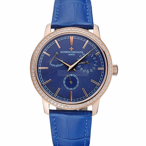 Vacheron Constantin Patrimony Power Reserve Blue Dial Gold Diamond Case Blue Leather Bracelet  1454270